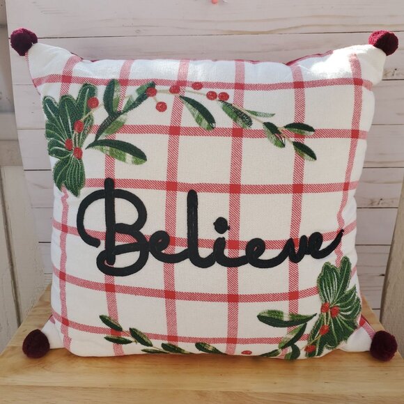 Christmas Holiday Throw Pillow Red Pom-Poms, Plaid Design Embroidered "Believe" - Picture 1 of 10